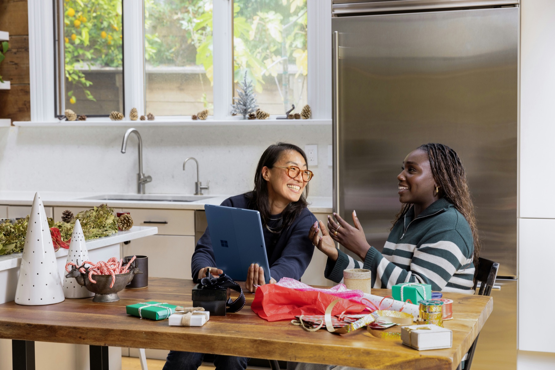 Two people warmly connecting over conversation